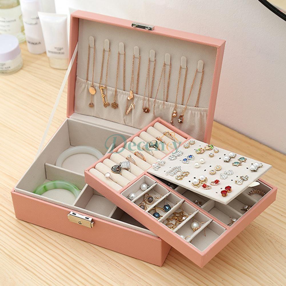 2 Layer Large Travel Jewelry Case , PU Leather Jewellery Holder Organizer with Removable Tray - Decency