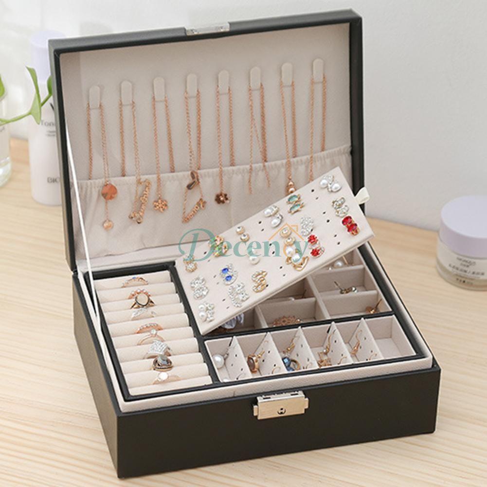 2 Layer Large Travel Jewelry Case , PU Leather Jewellery Holder Organizer with Removable Tray - Decency