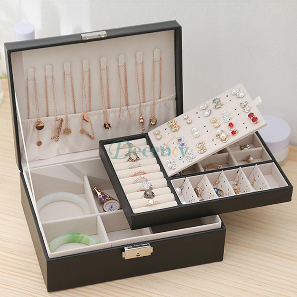 2 Layer Large Travel Jewelry Case , PU Leather Jewellery Holder Organizer with Removable Tray - Decency