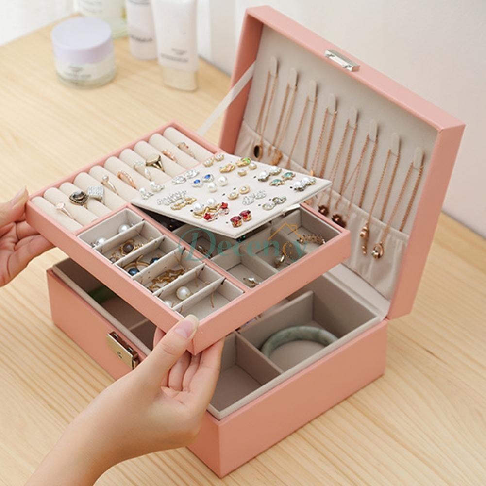 2 Layer Large Travel Jewelry Case , PU Leather Jewellery Holder Organizer with Removable Tray - Decency