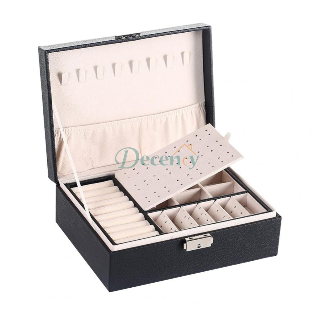 2 Layer Large Travel Jewelry Case , PU Leather Jewellery Holder Organizer with Removable Tray - Decency