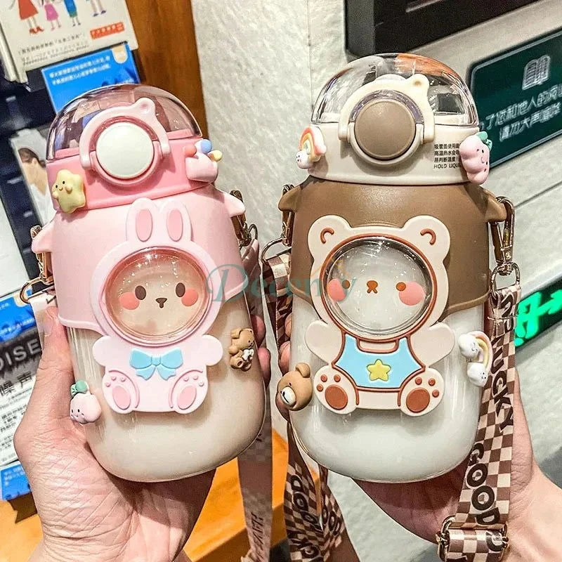 Cute Cartoon Water bottle With Straw - Portable - Decency