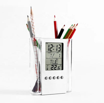 LCD Digital Alarm Clock Desk Pencil Pen Holder