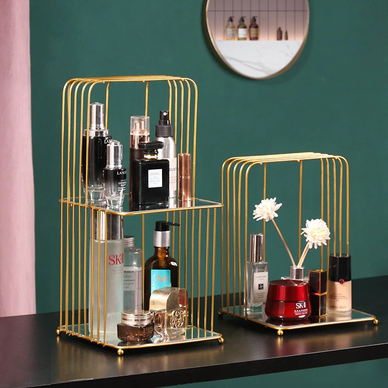 New Style Metal Brass Cosmetic Organizer with Mirror Shelves