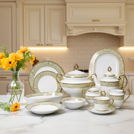 Luxurious 61-Piece Gold Filigree Bone China Dinner Set
