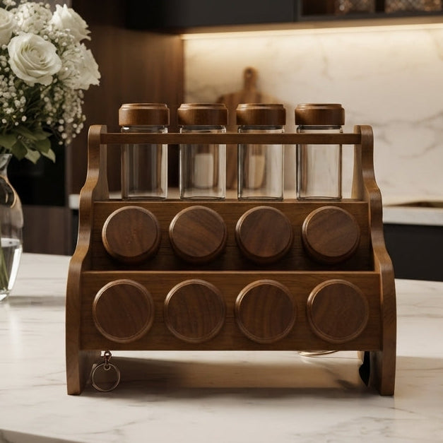 Front view of a 12 pcs wooden spice rack featuring glass jars placed on a kitchen countertop