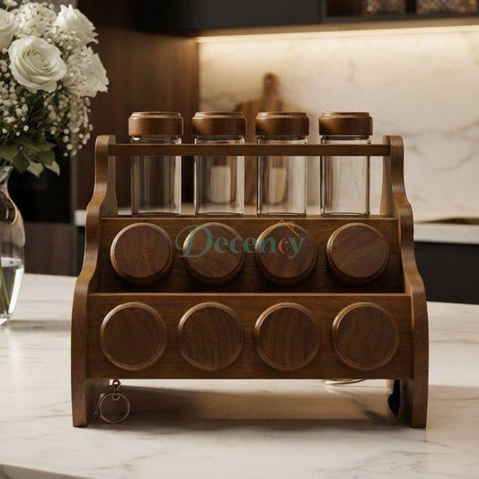 Front view of a 12 pcs wooden spice rack featuring glass jars placed on a kitchen countertop