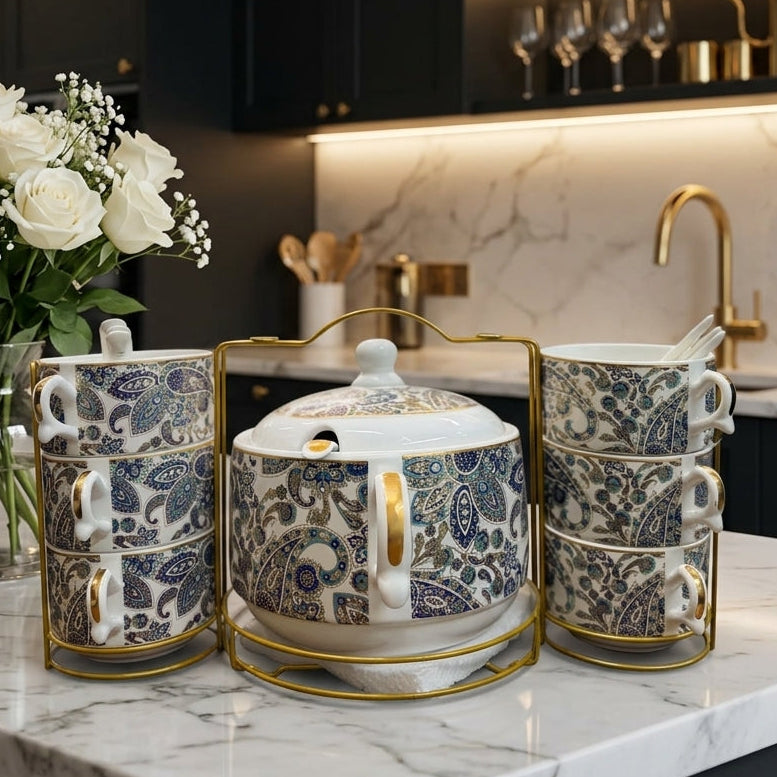 15-piece luxury printed ceramic soup set with gold metal stand displayed on a marble kitchen island.