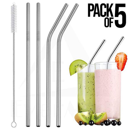 5 Pcs Stainless Steel Reusable Drinking Straws With Cleaning Brush Metal Straws