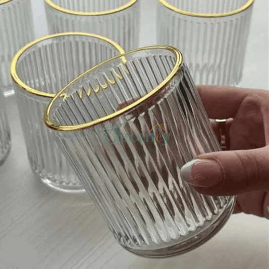 6 Pcs Crystal Glass Ridged Stripe Gold Rim Glass