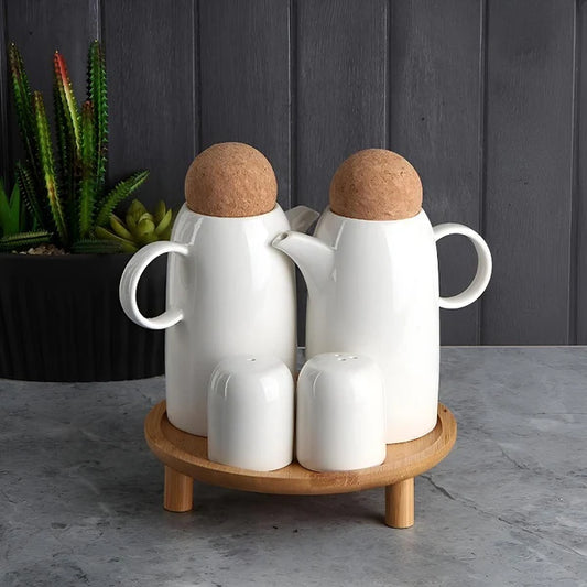 4-Piece Condiment Set with Wooden Stand – Stylish Spice Holder