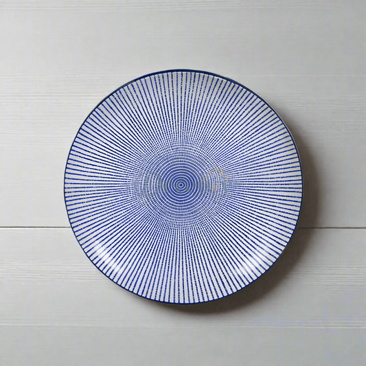 ceramic dinner plate blue dot design  radiating blue dot ceramic plate  durable ceramic dinnerware  modern blue pattern dinner plate  microwave safe ceramic plate