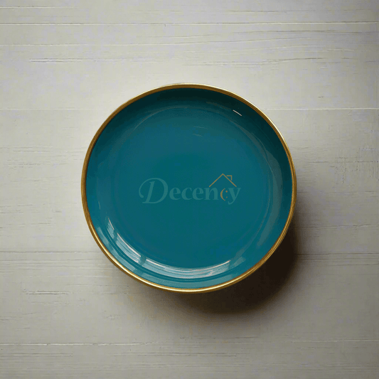 glossy teal ceramic dinner plate  ceramic plate with gold rim  luxury dinner plate teal and gold  Danny Home ceramic tableware  durable ceramic dinner plate