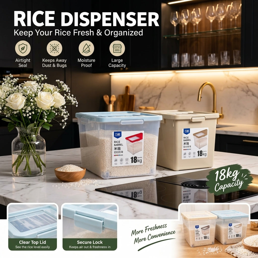 18kg transparent plastic airtight rice dispenser filled with raw white rice on a kitchen counter