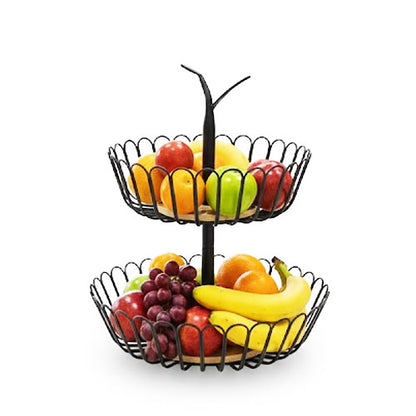 2-tier black wire fruit basket stand filled with fresh apples, oranges, and bananas