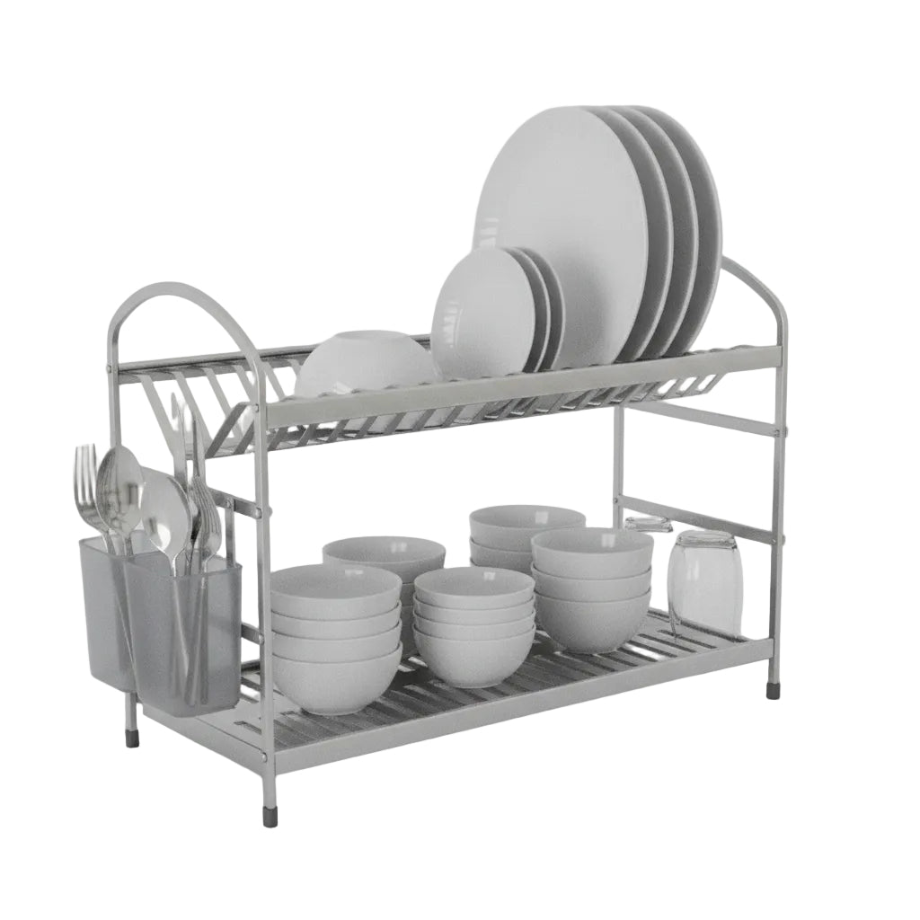 2-tier stainless steel dish drying rack placed on a dark kitchen countertop near a sink.
