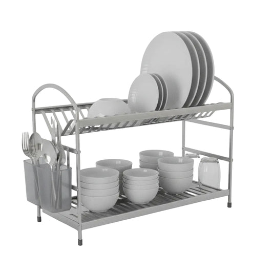 2-tier stainless steel dish drying rack placed on a dark kitchen countertop near a sink.
