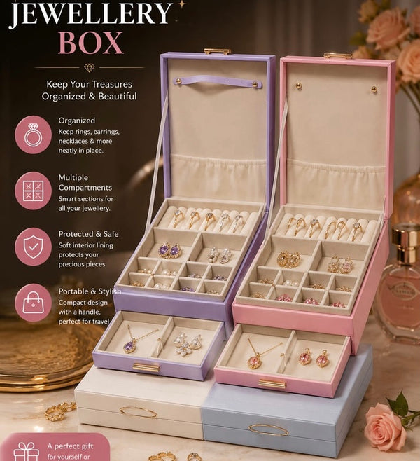 Front view of a 2-tier luxury velvet jewelry box organizer in Pakistan