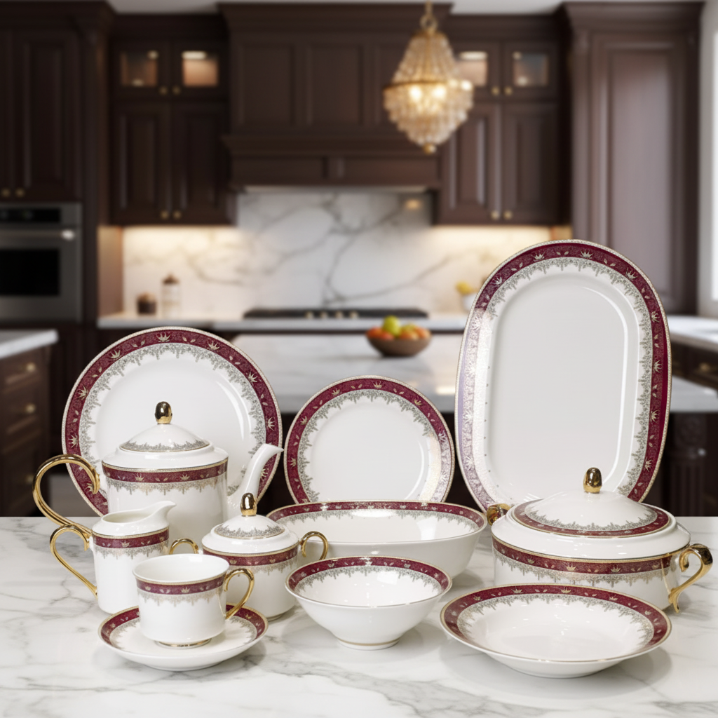 Luxurious 61-Piece White & Burgundy Bone China Dinner Set