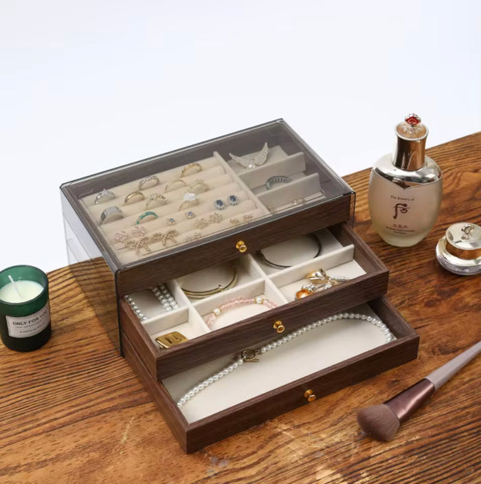 3 Layer Vintage Wooden Jewelry Organizer Box