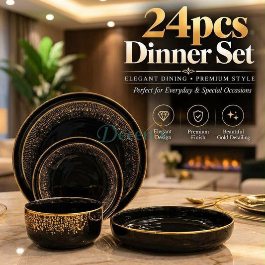24-piece black ceramic dinner set with luxury gold rim on dining table