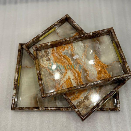 3-Piece Wooden & Marble/Textured Serving Tray Set