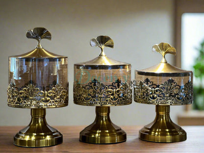 Elegant Gold-Finished Decorative Glass Jar Set – 3-Piece Set