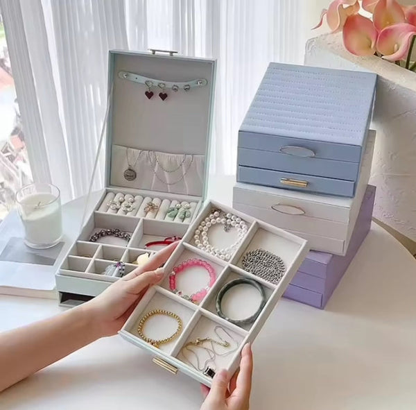 2-Tier Velvet Jewelry Box Organizer with Drawer & Ring Slots