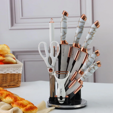 Textured Handle Knife Sets With Acrylic Rotate Stand