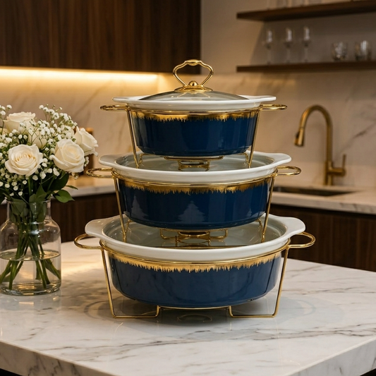 Round Blue Serving Dish Set – Elegant Ceramic Dinnerware Collection