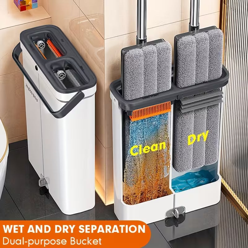 Heavy-Duty -in- Flat Mop and Bucket with Wringer System Dual-Tank