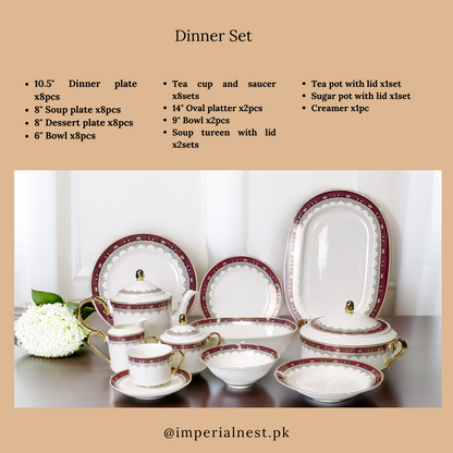 Luxurious 61-Piece White & Burgundy Bone China Dinner Set