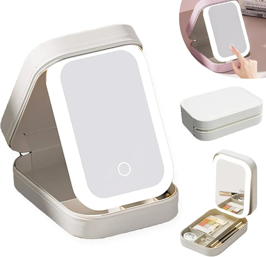 Front view of a 3 color LED rechargeable makeup mirror with bright illumination