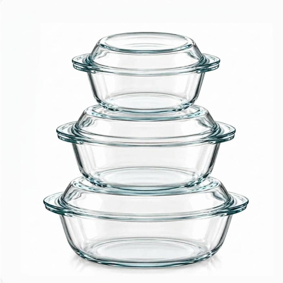 Front view of a 3-piece stacked Borcam glass baking dish set with lids in Pakistan