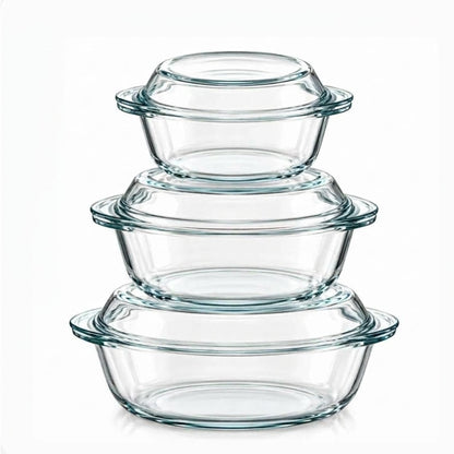 Front view of a 3-piece stacked Borcam glass baking dish set with lids in Pakistan