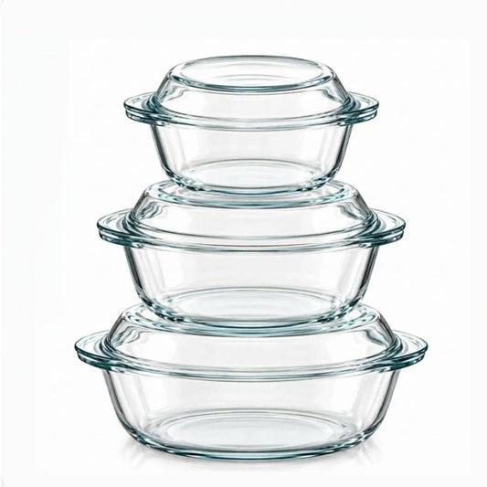 Front view of a 3-piece stacked Borcam glass baking dish set with lids in Pakistan