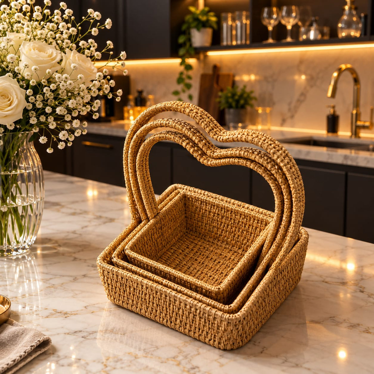 3 Pcs heart shape woven rattan baskets stacked on kitchen counte