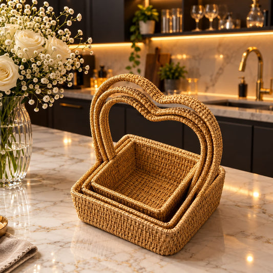 3 Pcs heart shape woven rattan baskets stacked on kitchen counte