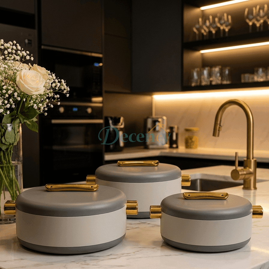 Premium 3-piece insulated hotpot set with lid displayed on a modern Pakistani dining table