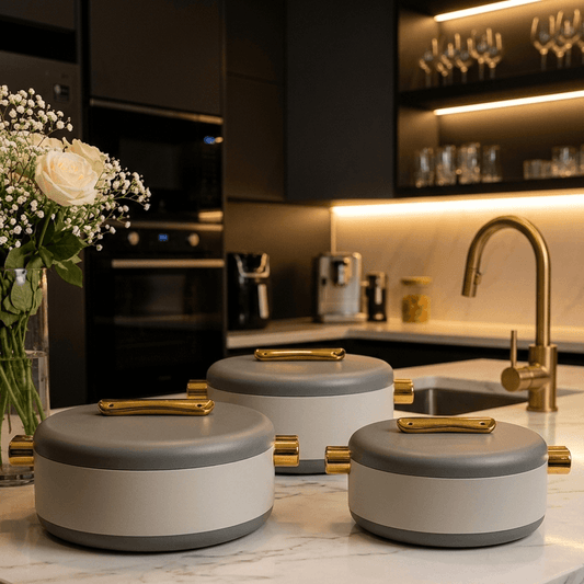 Premium 3-piece insulated hotpot set with lid displayed on a modern Pakistani dining table