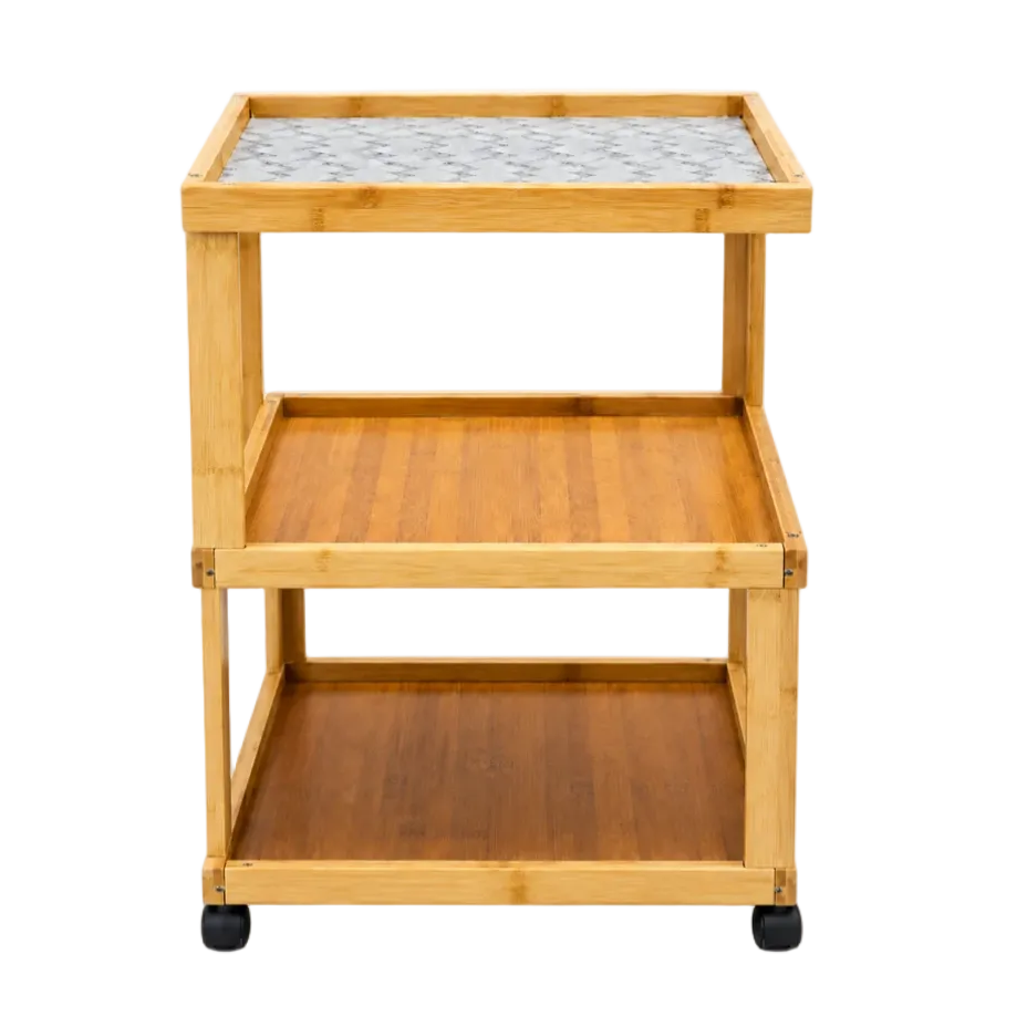 Front view of 3-tier bamboo rolling side table with patterned glass top