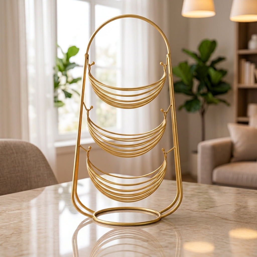 Front view of a 3-tier gold metal fruit basket stand placed in a modern living room