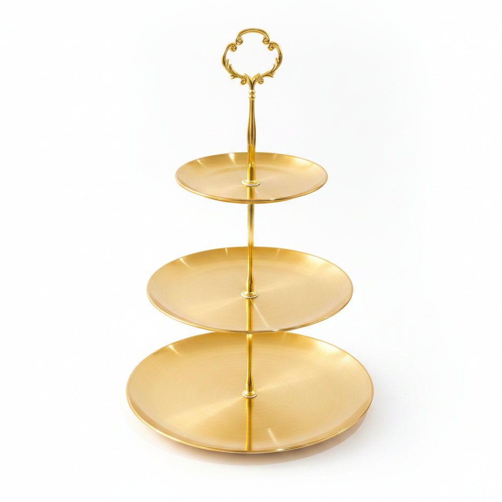 3 tier golden pastry tray display for desserts and high tea sweets
