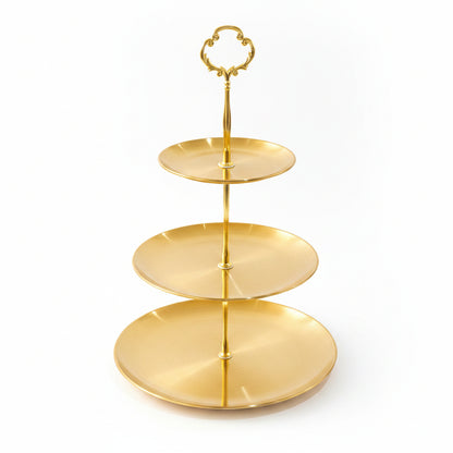 3 tier golden pastry tray display for desserts and high tea sweets