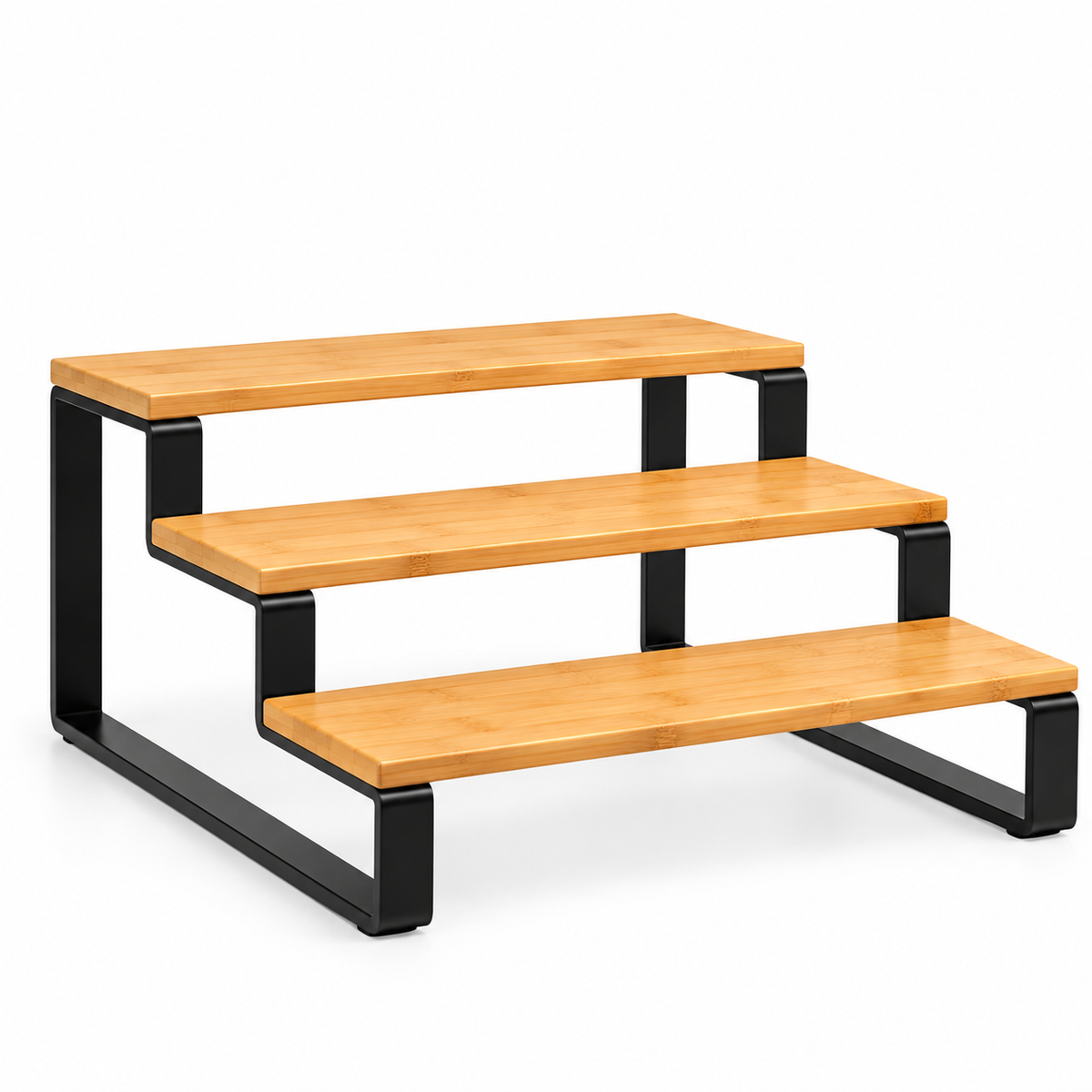 3-tier wooden spice rack organizer placed on a marble kitchen countertop.