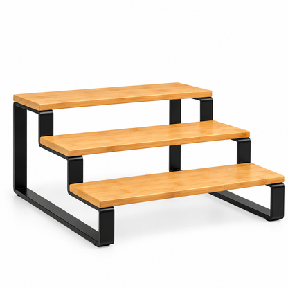 3-tier wooden spice rack organizer placed on a marble kitchen countertop.