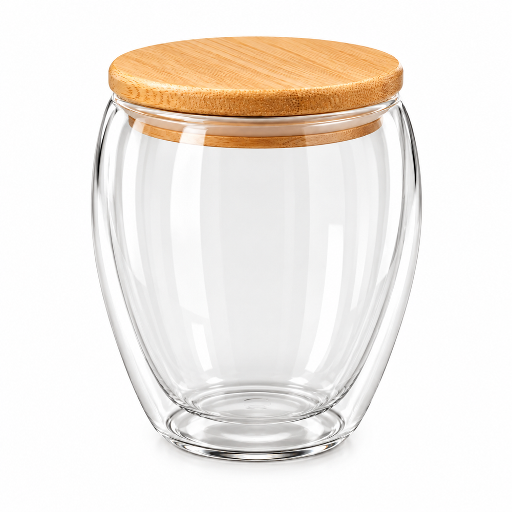 A 350ml ribbed glass jar with a wooden lid placed on a marble kitchen table in Pakistan.