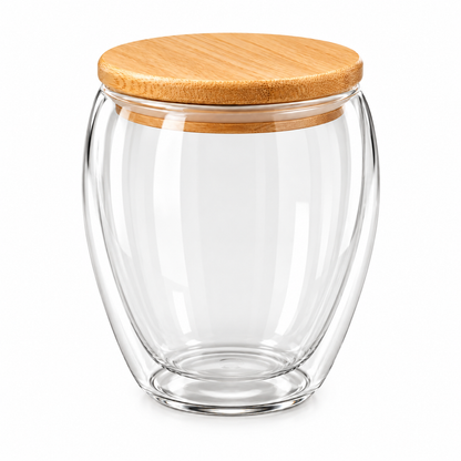 A 350ml ribbed glass jar with a wooden lid placed on a marble kitchen table in Pakistan.