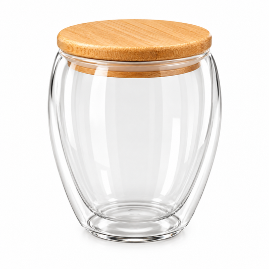 A 350ml ribbed glass jar with a wooden lid placed on a marble kitchen table in Pakistan.