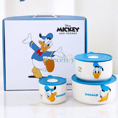 Disney Ceramic Bowl With Lid Microwave Oven Bowl 3 Pcs Student Thicken Lunch Box
